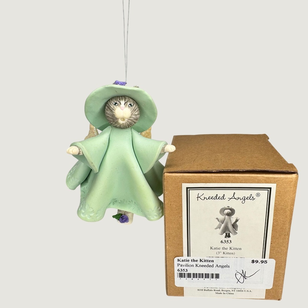 Pavilion Kneeded Angels Katie the Kitten 6353 Green Cat Ornament With Box
